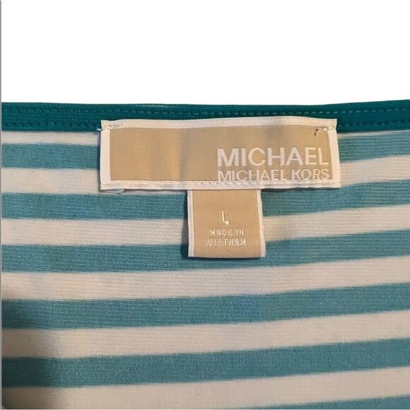 Michael Kors Teal White Stripe Drapery Knotted Waist Size Large Blouse - Picture 5 of 8